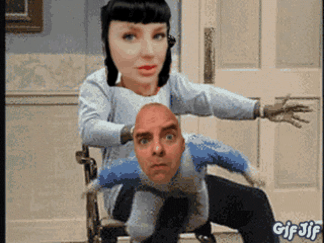 a gif of a woman sitting on a man 's shoulders