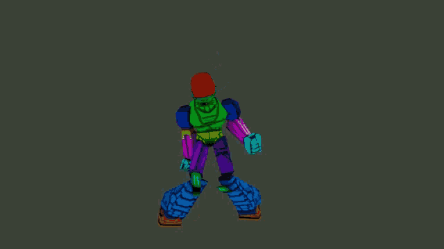 a colorful cartoon character is standing with his arms outstretched on a grey background .