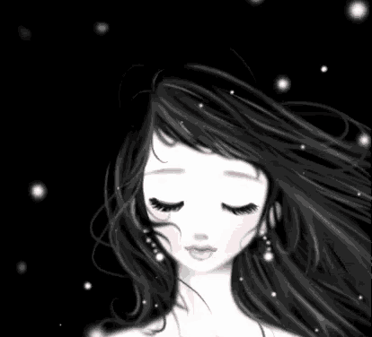a drawing of a girl with her eyes closed and her hair blowing in the wind