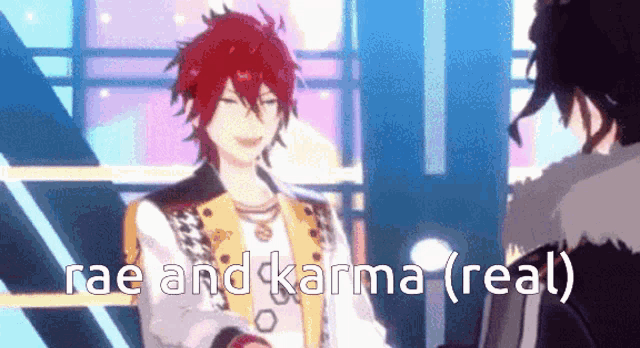 a man with red hair is shaking hands with another man and the words rae and karma ( real ) are visible .