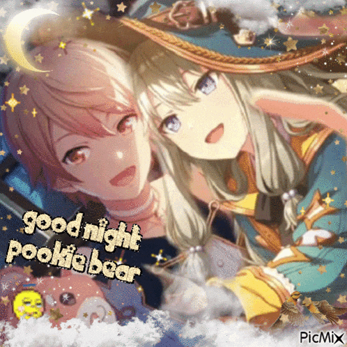 a couple of anime characters with the words " good night pookie bear "