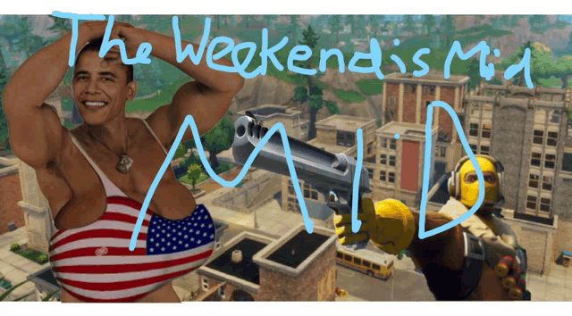 a man in an american flag bikini is holding a gun in front of a city with the words " the weekends mid " written on it