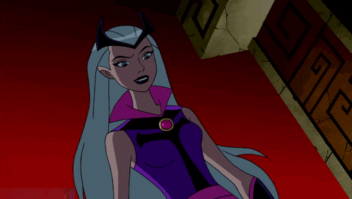 a cartoon character is holding a purple lightning bolt in her hands