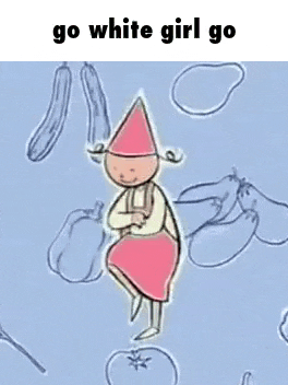 a girl in a pink dress is standing in front of vegetables with the words go white girl go below her