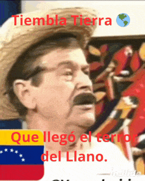 a man wearing a straw hat and glasses says tiembla tierra