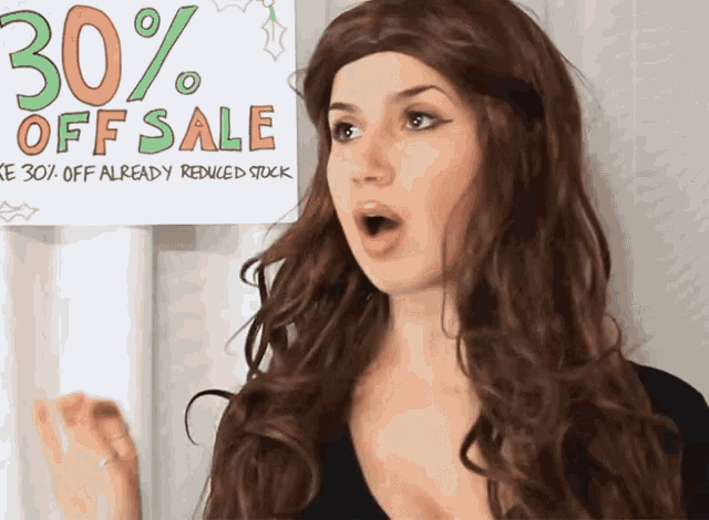 a surprised woman stands in front of a sign that says 30 % off sale