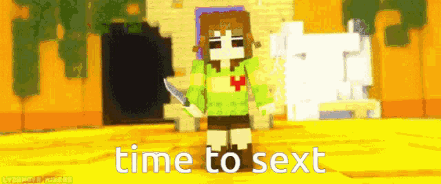 a pixel art of a girl holding a knife with the words time to sext above her