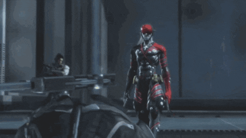 a man in a red suit is standing next to another man