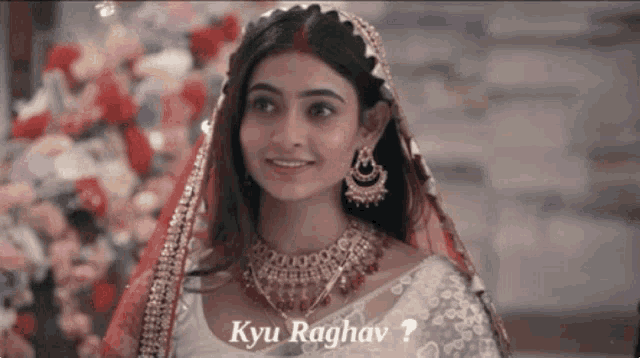 a woman in a wedding dress with the words kyu raghav on the bottom