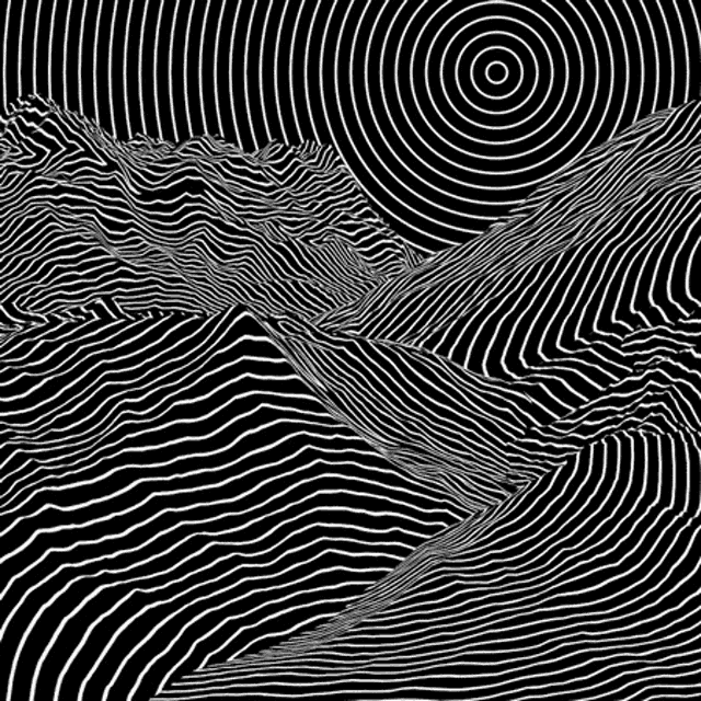 a black and white optical illusion of a landscape with mountains and a sun .