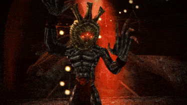 a monster with red eyes and horns on his head is standing in a dark room