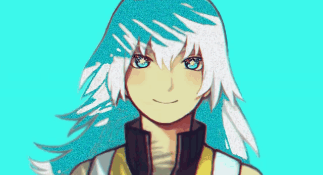 a drawing of a person with blue eyes and white hair