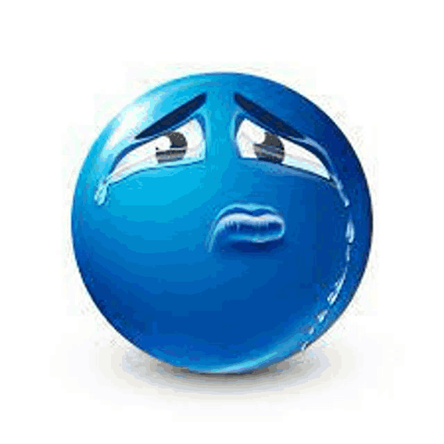 a blue smiley face with tears coming out of it 's eyes .