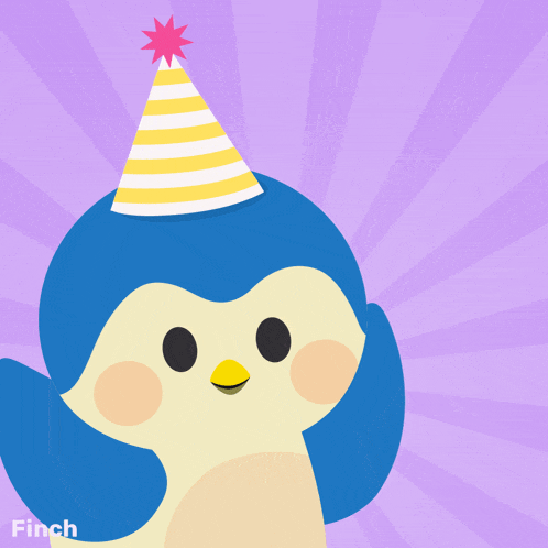 a birthday card with a penguin wearing a party hat and holding a heart