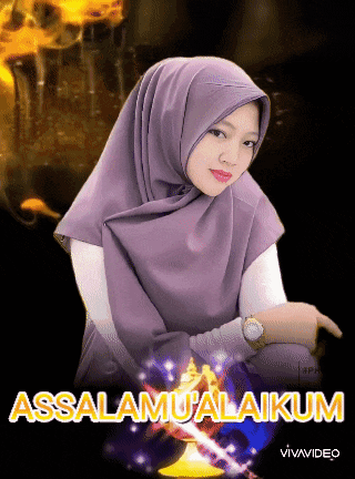 a woman in a purple hijab is sitting in front of a sign that says " assalamualaikum "