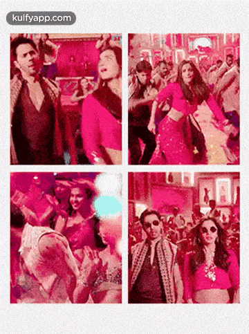 a collage of four pictures of a man and woman dancing in a room .