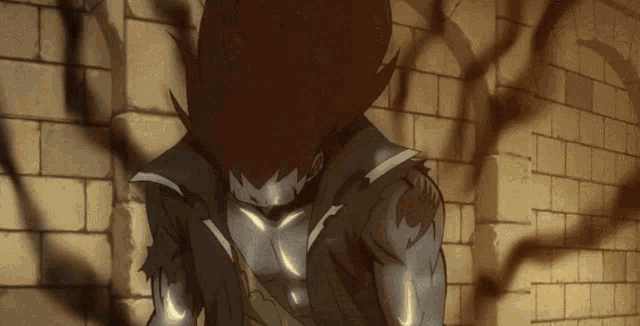 a cartoon character is standing in front of a brick wall with his eyes closed