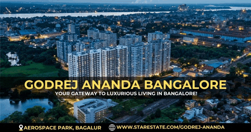 an advertisement for godrej ananda bangalore shows an aerial view of a city