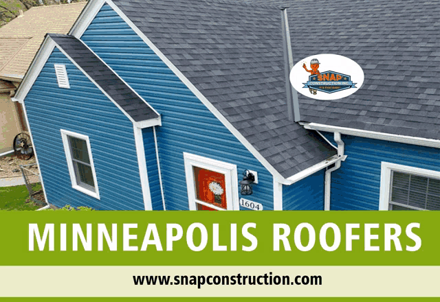 a blue house with the words minneapolis roofers at the bottom