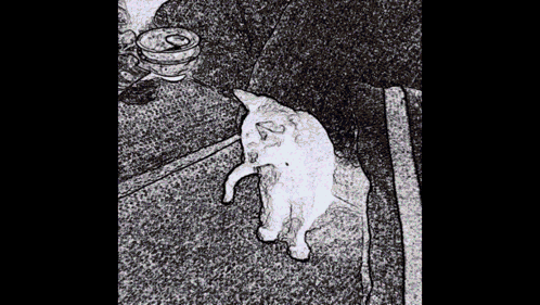 a black and white drawing of a dog with a can of dog food in the background