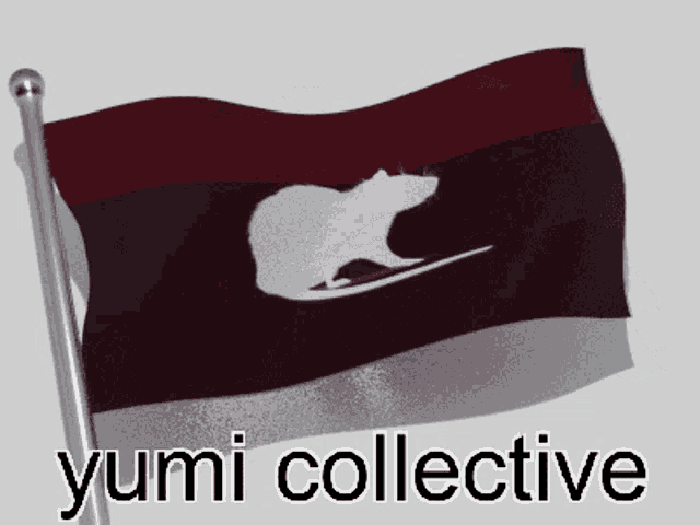 a flag with a rat on it and the words yumi collective below it