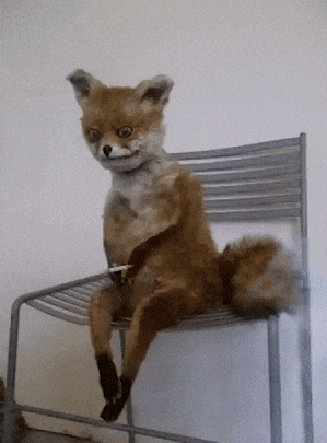 a stuffed fox is sitting on a chair and smoking a cigarette