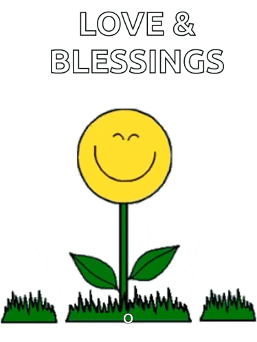 a drawing of a flower with a smiley face and the words love and blessings