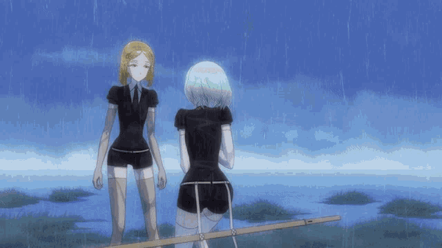 two anime characters are standing in the rain with a sword