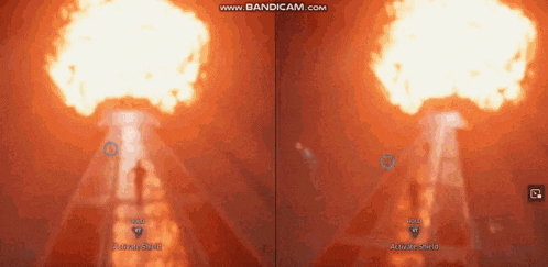 a screenshot of a video game shows a nuclear explosion and a man standing in front of it .