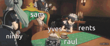 a group of anime characters are gathered around a table with the names sam yves rents and raul