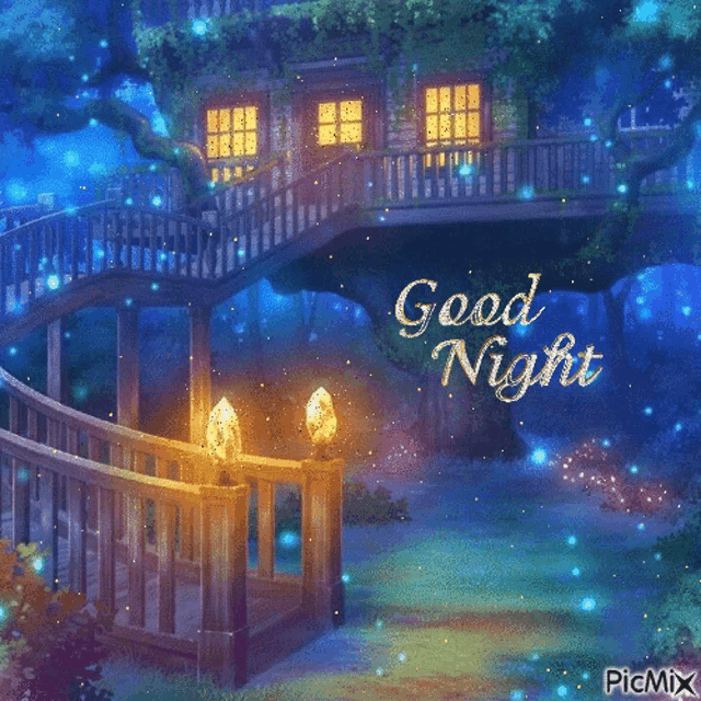 a picture of a tree house with the words good night written on it