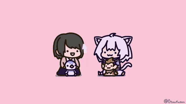 a cartoon of a girl holding a penguin and a cat holding a monkey .