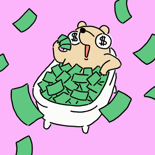 a cartoon of a bear taking a bath in a tub filled with money