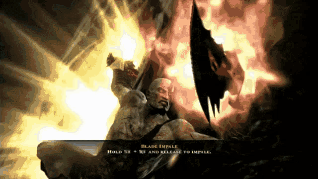 a video game screen shows a man holding a sword and says " blade impale "