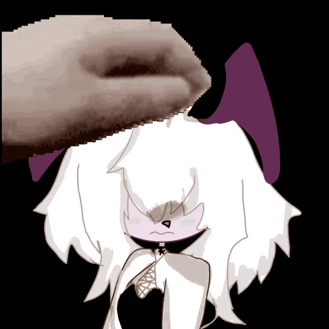a drawing of a person with white hair and purple wings is being touched by someone 's hand
