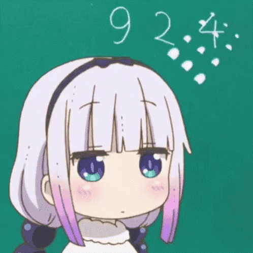 a girl with white hair and blue eyes is standing in front of a green chalkboard with the numbers 9 and 2 written on it .