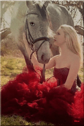 a woman in a red dress is petting a horse with vice written on the bottom