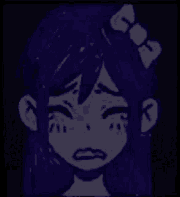 a drawing of a girl with blue hair and a bow in her hair .