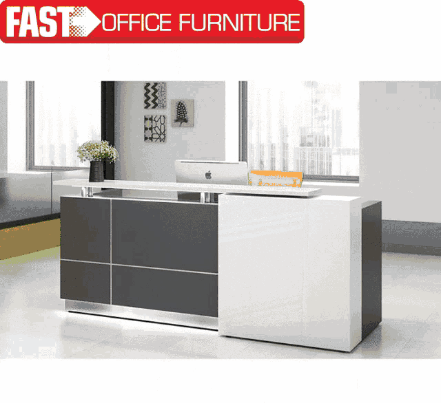 a fast office furniture sign is above a white desk