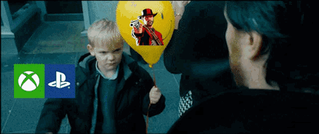 a boy holding a yellow balloon with a picture of a man holding a gun next to xbox and ps logos