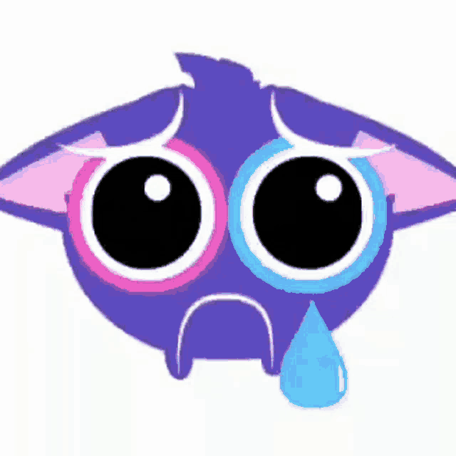 a purple cat is crying with a blue tear coming out of its nose .