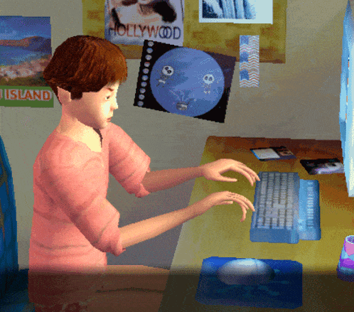 a man is typing on a keyboard in front of a poster that says hollywood island