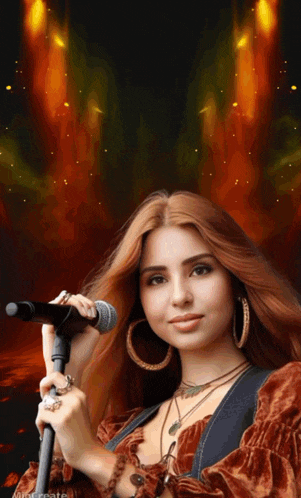 a woman is singing into a microphone in front of a fire background