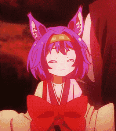 a girl with purple hair and ears is wearing a red bow and a white shirt .