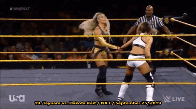 a wrestling match between taynara and dakota kait is live on usa
