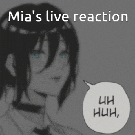 a black and white drawing of a girl with the words mia 's live reaction yeah