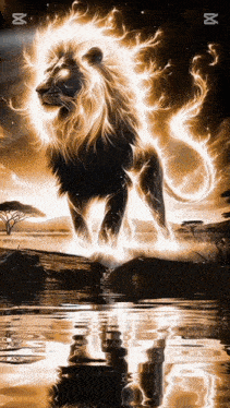 a lion with flames coming out of its mane is standing in the water