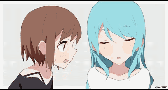 a drawing of a girl with blue hair and a girl with brown hair looking at each other