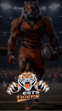 a poster for lests tigers shows a muscular tiger holding a rugby ball on a field