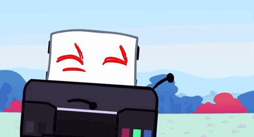 a cartoon drawing of a printer with a paper that says ' i ' on it